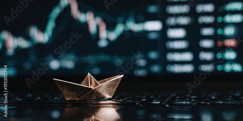 Metal origami boat on wet surface with blurred stock market screen showcasing trading volatility risk management and financial uncertainty