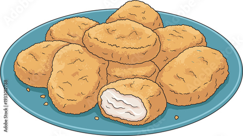 Illustration of crispy golden chicken nuggets on blue plate, showcasing fast food snack, casual dining, fried cuisine, and popular meal presentation visuals