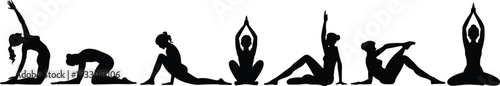 Collection of black yoga silhouettes, female figures practicing different asana poses, fitness and wellness exercise set, isolated on white background