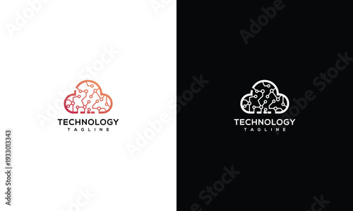 Modern Cloud Technology Logo Design - Circuit Board Digital Computing Data Network Icon.