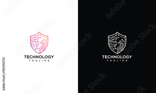 Digital Technology Security Shield Logo Design with Circuit Board Pattern Icon.