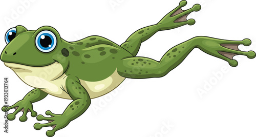 Cute Green Frog Cartoon Character Jumping with a Happy Smile and Big Blue Eyes Isolated on White Background for Kids Illustration