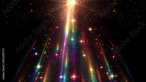 虹色の光線とキラキラ輝く星屑の幻想的な抽象背景