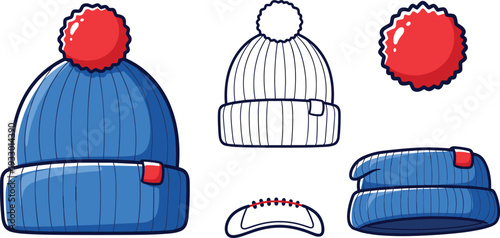 Winter Beanie and Knit Hat Vector Illustration Set with Blue Woolen Cap Red Pom Pom Silhouettes and Cozy Cold Weather Apparel Icons