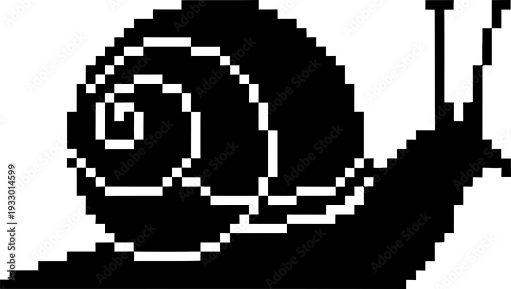 Fototapeta premium Pixel art snail silhouette icon. Black and white retro video game character design element. Vector illustration for application, game, digital art