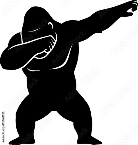 Gorilla mascot doing a dab dance pose. Funny animal character in dab position. Humor and trend concept. Isolated cartoon vector illustration
