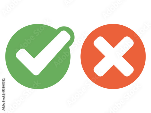 Green Check Mark and Red Cross Icons in Circle – Validation, Confirmation and Approval Badge Vector Set