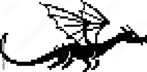 Pixel flying dragon icon in black and white. Ancient mythical creature symbol for game or app. Retro 8 bit style graphic vector illustration