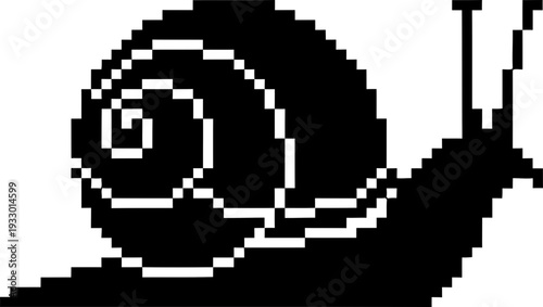 Pixel art snail silhouette icon. Black and white retro video game character design element. Vector illustration for application, game, digital art