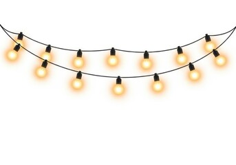 String of glowing fairy lights on white background isolated on white