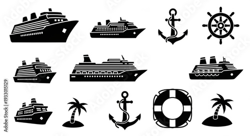 Collection of various cruise ships, anchors, steering wheels, and life buoys in black and white.
