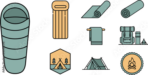 Camping and Outdoor Adventure Gear Vector Illustration Set with Sleeping Bag Camping Tent Backpacking Equipment and Forest Bonfire Badge Icons