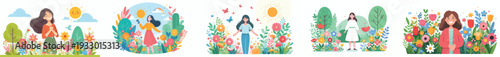 vector of a woman standing happily on park in spring