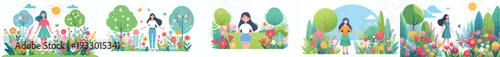 vector of a woman standing happily on park in spring