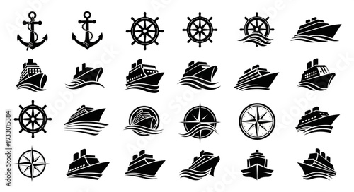 Collection of nautical themed illustrations featuring anchors, ships, and steering wheels.
