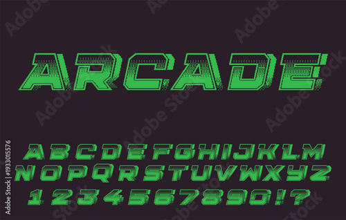 Arcade Retro Font - Green Halftone Gaming Alphabet with 3D Effect on Black