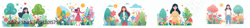 vector of a woman standing happily on park in spring