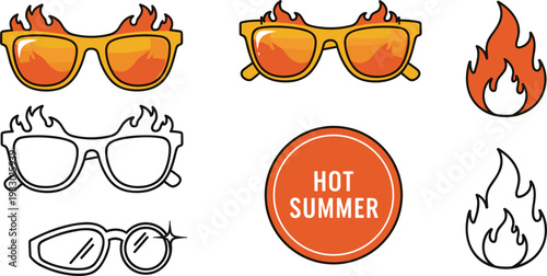Hot Summer and Flame Sunglasses Vector Illustration Set with Vibrant Orange Fire Shaped Eyewear Glowing Sun Reflections and Summer Heat Badge Icons