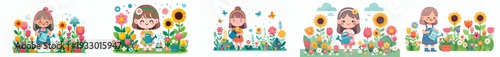 vector of happy little girl watering flowers in spring