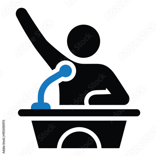 Man in black giving a speech at a podium with a blue microphone icon