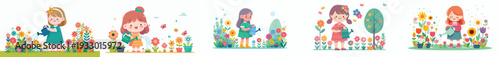 vector of happy little girl watering flowers in spring