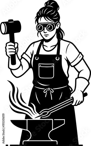 Woman blacksmith at work with hammer and anvil. Industrial worker creating metal art. Vector illustration for craft shop logo design