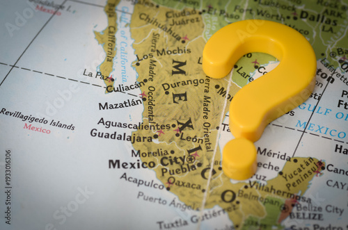 Close-Up of Mexico Map Featuring Cities and Question Mark Symbolizing Uncertainty