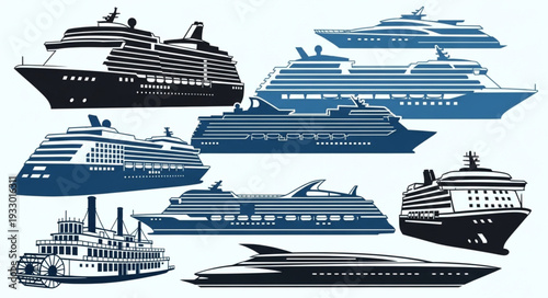 Collection of various cruise ships and vessels, showcasing maritime travel and transportation.