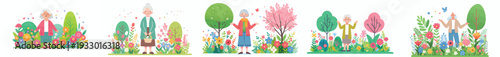 vector of a grandma standing happily on park in spring