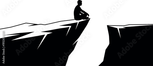 Sports silhouette of a person on cliff edge in black and white