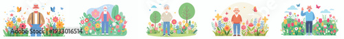 vector of a grandpa standing happily on park in spring