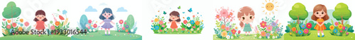 vector of a little girl standing happily on park in spring