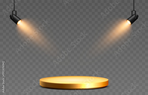 Golden podium illuminated by spotlights from different sides. Podium with spotlights PNG. Stage lighting.