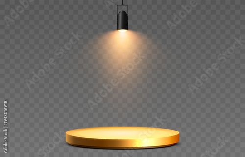 Golden podium illuminated by a spotlight from above. Podium with spotlight PNG. Stage lighting.