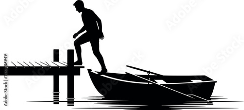 Sports silhouette of a man stepping into a small boat from a dock