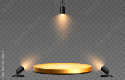 Golden podium illuminated by spotlights from different sides. Podium with spotlights PNG. Stage lighting.