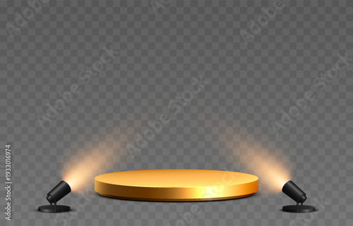Golden podium illuminated by spotlights from different sides. Podium with spotlights PNG. Stage lighting.