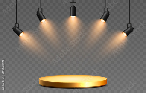 Golden podium illuminated by spotlights from different sides. Podium with spotlights PNG. Stage lighting.