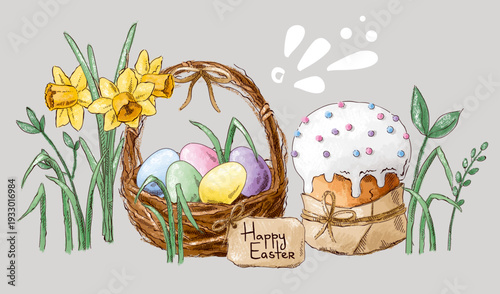 Clip art with Easter cake and eggs, daffodil, grass, basket and cardboard sign. Happy Easter. Vintage postcard composition. Imitation of pastels, hand-drawn.