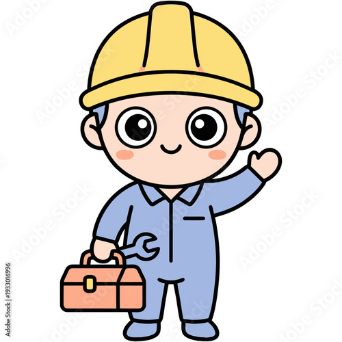 Cartoon illustration of a construction worker in a hard hat and overalls holding a toolbox and a wrench, waving cheerfully