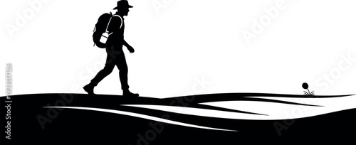 Sports silhouette of a man walking on a hill