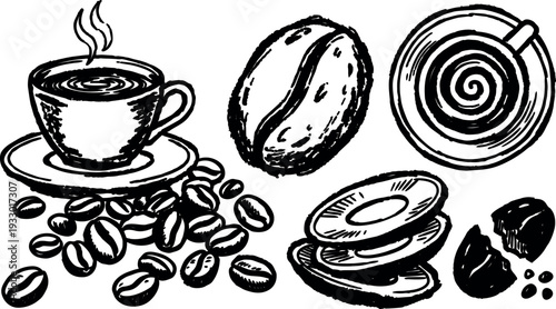 Ink sketch close up coffee cup saucer roasted beans whole bean split beans coffee grinder plates top view rustic