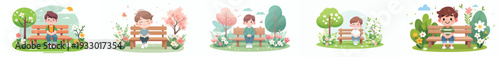 vector of a little boy sitting happily on a park bench in spring
