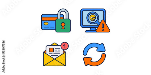 Icons representing various aspects of digital security and communication Vector