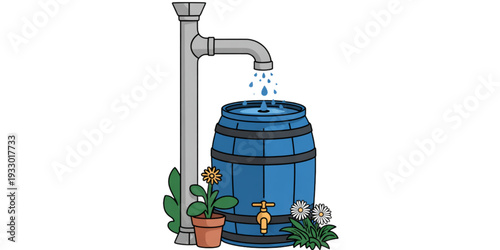 A blue water tank with a pipe attached, surrounded by green plants. Vector