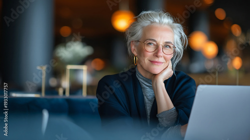 A mature woman with glasses sitting at a laptop in a cafe