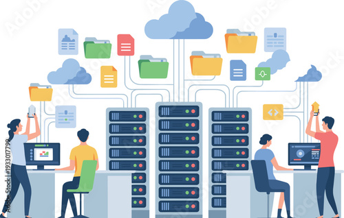 Cloud Data Storage Management System with Server Network, File Sharing and Team Collaboration for Business Technology Infrastructure Illustration Design