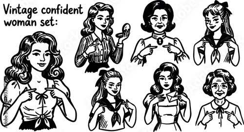 Retro 1950s pinup style vector woman set pointing at herself holding mirror letter and scarf confident expressions black line art