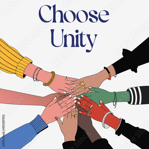 Choose unity international day elimination racial discrimination diverse hands stacked central circle promoting togetherness understanding equality cooperation concept