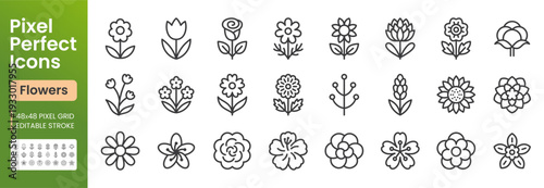 Flowers line icon set. Rose, tulip, sunflower, lotus, chamomile, lavender minimal vector illustrations. Simple outline signs for floral design. 48x48 Pixel Perfect pictogram. Editable Stroke.